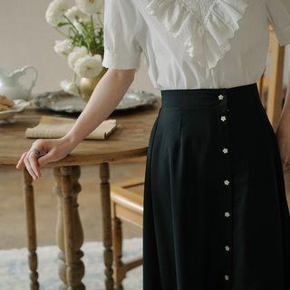 Flower Button Midi A-line Skirt