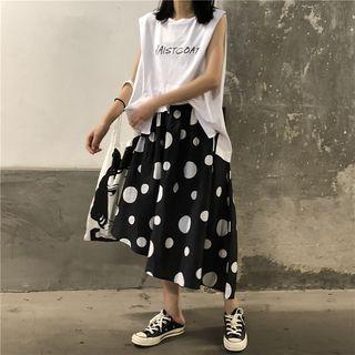 Lettering Sleeveless T-shirt / Polka Dot Asymmetrical A-line Skirt