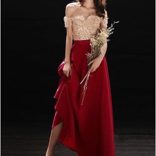 Off-shoulder Sequined Maxi Prom Dress / Sleeveless Prom Dress