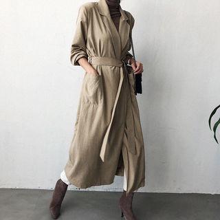 Notched-lapel Maxi Coat With Sash
