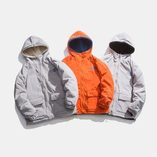 Lettering Print Hooded Zip Fleece Jacket