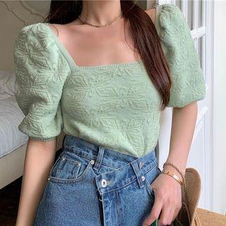 Short-sleeve Textured Top Light Green - One Size