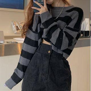 Striped Cropped Sweater Gray - One Size