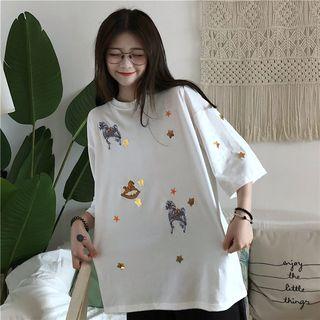 Sequined Star Embroidered Short-sleeve T-shirt