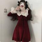 Long-sleeve Two-tone Velvet A-line Dress Dress - Red - One Size