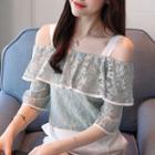 Lace Off Shoulder Elbow Sleeve Chiffon Blouse