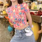 Color-block Short-sleeve Slim-fit Cropped T-shirt As Figure - One Size