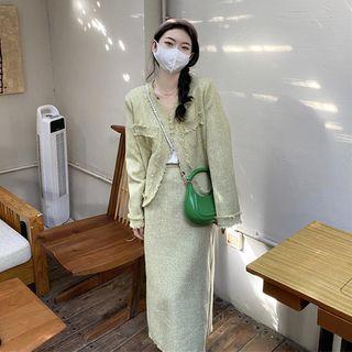 Frayed Tweed Jacket / Midi A-line Skirt
