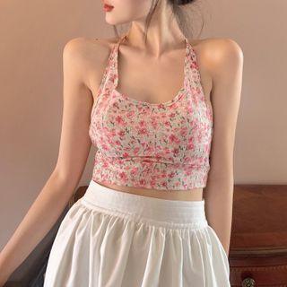 Halter-neck Open-back Floral Camisole Top Pink - One Size