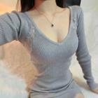 Long-sleeve Lace Panel Mini Bodycon Knit Dress