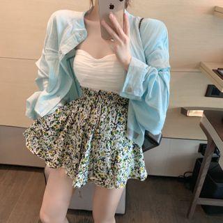 Plain Cropped Jacket / Shirred Tube Top / Floral Wide-leg Shorts