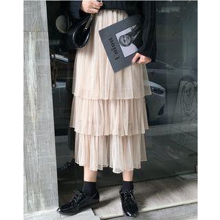 Pleated Tiered Mesh Skirt