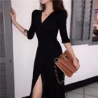 Elbow Sleeve V-neck Slit-front A-line Dress Black - One Size