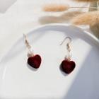 Faux Pearl Heart Dangle Earring 1 Pair - Love Heart - Red - One Size