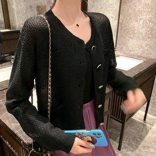 Plain Cropped Knit Cardigan Black - One Size