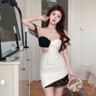 Asymmetrical Strapless Cutout Mesh Panel Bodycon Dress