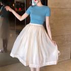 Short-sleeve Plain Drawstring Back Top / High-waist Skirt