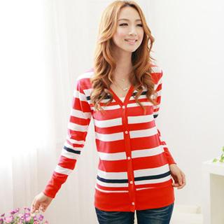 Long Sleeve Striped Cardigan Red - One Size