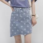 Cross Print Denim Mini Skirt
