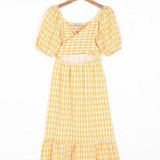 Puff-sleeve Plaid Cutout Midi A-line Dress
