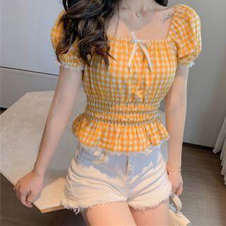 Gingham Puff-sleeve Cropped Peplum Blouse