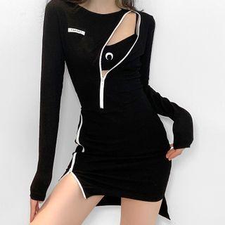 Set: Long-sleeve Mini Sheath Dress + Cropped Camisole Top