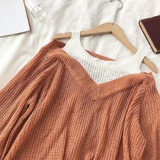 Mock Two-piece Off-shoulder Long-sleeve Knit Top