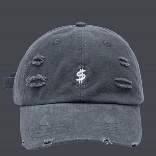 Dollar Sign Embroidered Distressed Baseball Cap