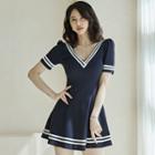 Short-sleeve V-neck Striped Mini A-line Dress