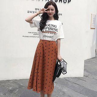 Set: Elbow-sleeve Lettering T-shirt + Dotted Chiffon Midi Skirt