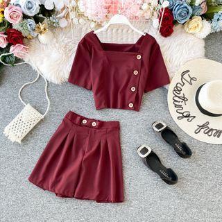 Set: Plain Cropped Top + High-waist Wide-leg Shorts