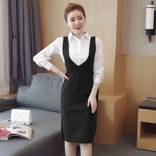 Set: Long-sleeve Shirt + Knitted Pinafore Dress