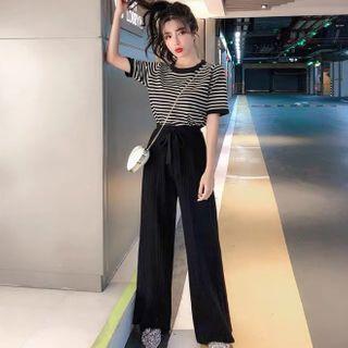 Set: Striped Elbow-sleeve Top + High-waist Wide-leg Pants
