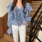 Bell-sleeve Plaid Ruffle Trim Drawstring Blouse Checked - One Size