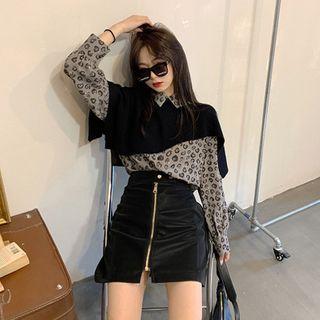 Leopard Print Shirt / Cape / Velvet A-line Skirt