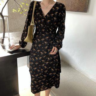 Long-sleeve V-neck Floral Printed Layer Dress