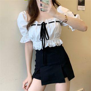 Lace Trim Puff-sleeve Cropped Blouse / Mini Pencil Skirt