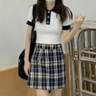 Contrast Collar Knit Cropped Polo Shirt / Plaid Mini A-line Skirt