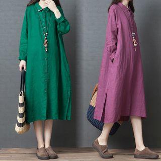 Long-sleeve Linen Midi Shirt Dress