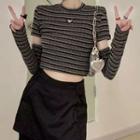 Short-sleeve Striped Cut-out Cropped Knit Top