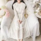 Lace Collar Long-sleeve Midi A-line Dress White - One Size