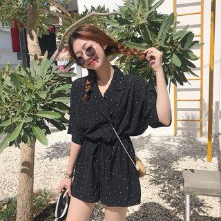 Set: 3/4-sleeve Dotted Top + Shorts Black - One Size