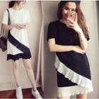 Color Panel Ruffle Trim Short Sleeve Dress