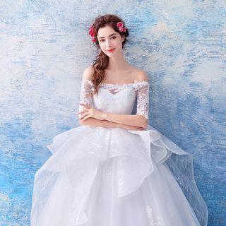 Off-shoulder Elbow-sleeve Ball Gown Wedding Dress