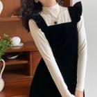 Set: Mock-neck T-shirt + Ruffle Trim Midi A-line Overall Dress
