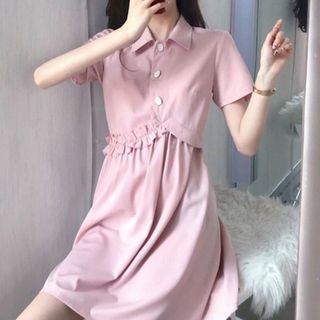 Short-sleeve Frill Trim A-line Shirtdress