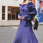 Set: Off-shoulder Sweater + High Waist Knit Skirt