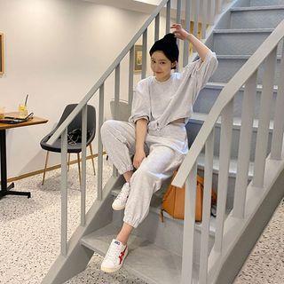 Set: Elbow-sleeve Drawstring-hem T-shirt + Sweatpants