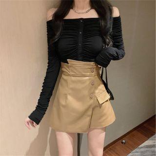 Long-sleeve Off-shoulder Button-up Top / Faux Leather Skort / Set