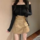 Long-sleeve Off-shoulder Button-up Top / Faux Leather Skort / Set